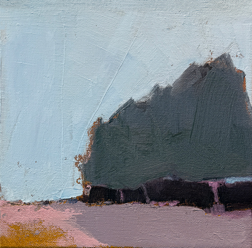 Oil on canvas small landscape painting of a dark cluster of trees against a pale blue sky with a soft pink foreground, by Georgian Bay artist Joanna Aplin.