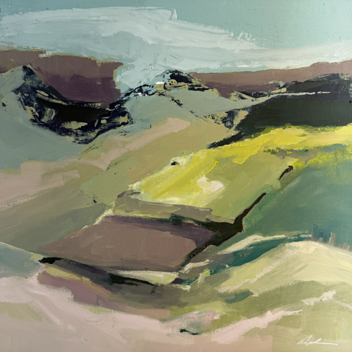 Oil on paper abstract landscape of rolling terrain in greens, yellows, and mauves with expressive brushwork and a cool sky, by Canadian artist Joanna Aplin.