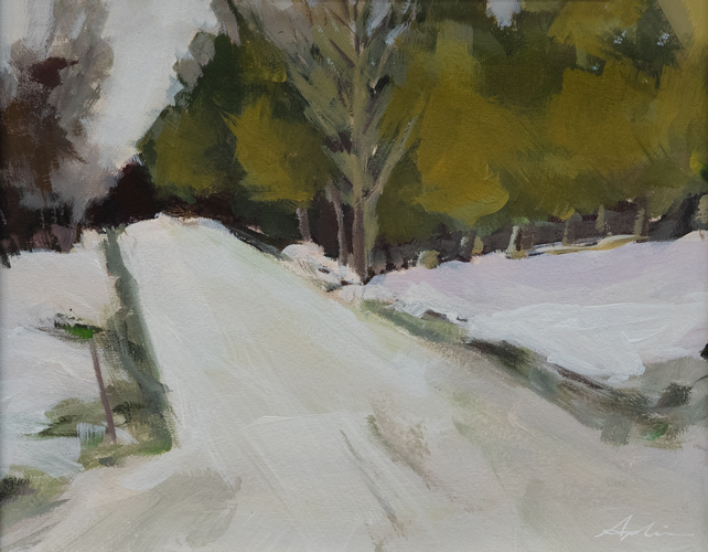 Gouache on paper winter landscape of a snow-covered road lined with evergreen trees in muted greens and olive tones, by Owen Sound artist Joanna Aplin.