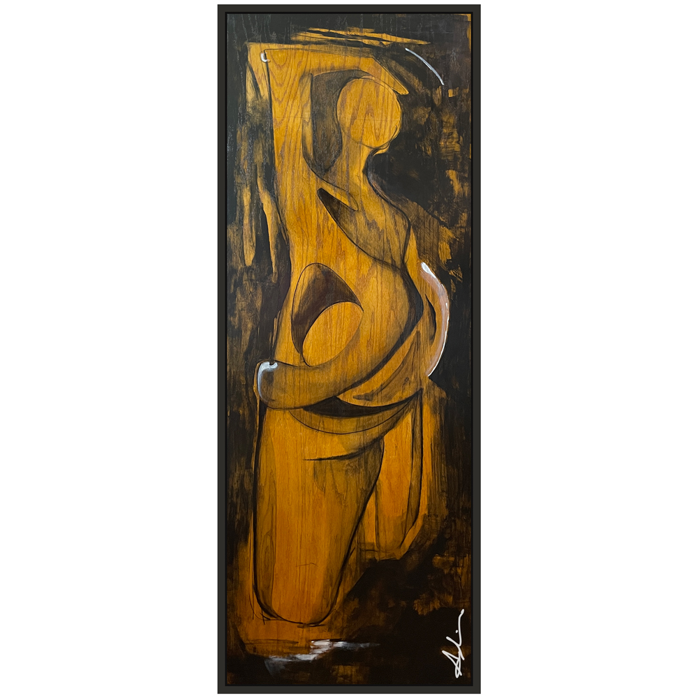 Oil on birch panel — tall, narrow figurative work of a standing figure with arms raised, rendered in warm amber and gold tones with fluid line work against a dark background, the natural wood grain visible through the paint, displayed in a black float frame, by fine artist Joanna Aplin, Georgian Bay.