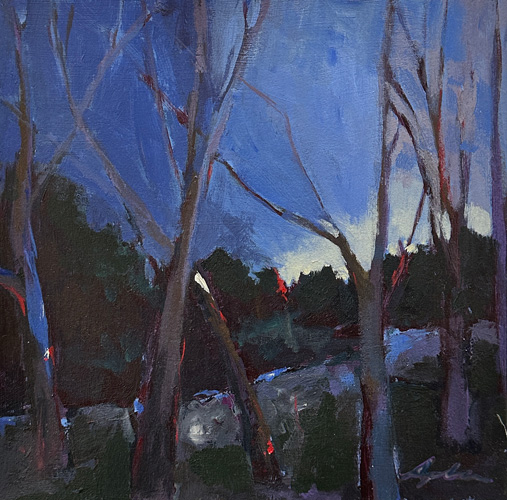 Oil on paper — bare trees rising against a dusky blue sky at twilight with dark green foliage below and touches of red catching the last light, by Canadian landscape artist Joanna Aplin