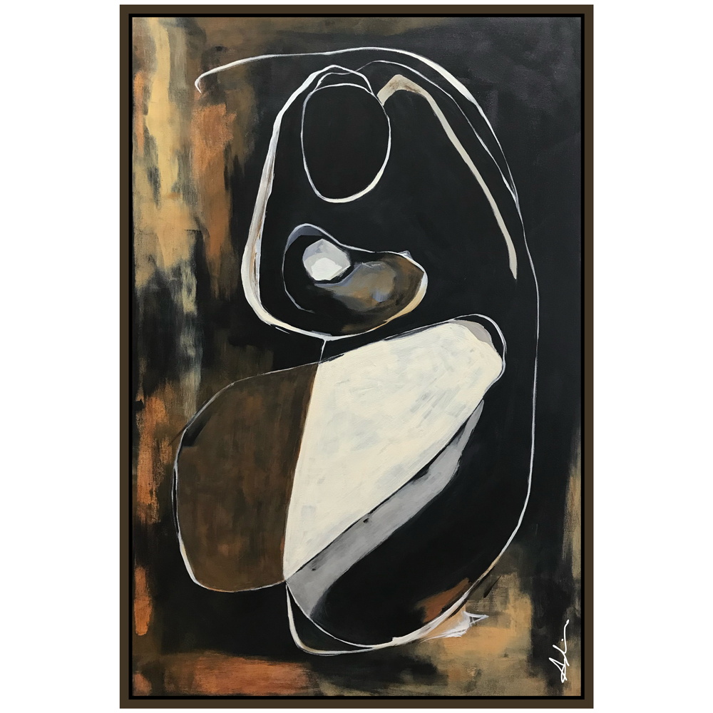 Figurative painting of an embracing figure defined by white contour lines against deep black, with warm brown and cream accents suggesting comfort and protection, displayed in a float frame, by Joanna Aplin, Canadian figurative artist.