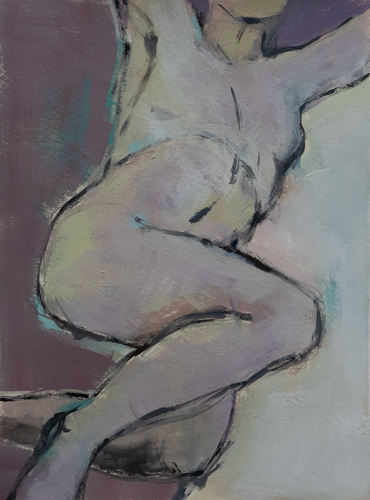 Figurative painting of a reclining torso in soft mauves, greys, and pale greens with gestural linework against a dusty rose background, by Canadian artist Joanna Aplin.