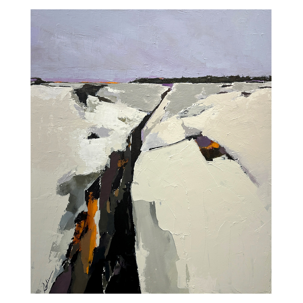 Landscape painting of a white snow-covered terrain split by a dark crevice with amber and purple accents, beneath a soft lavender sky with a distant horizon line, by Joanna Aplin, Canadian artist