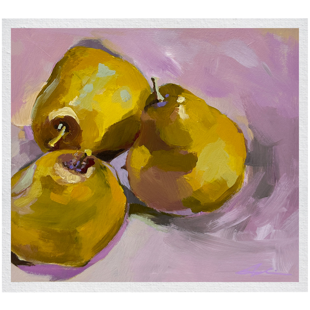 Three golden-yellow pears cluster on a violet and mauve ground, painted with thick, visible strokes and deep brown shadows.