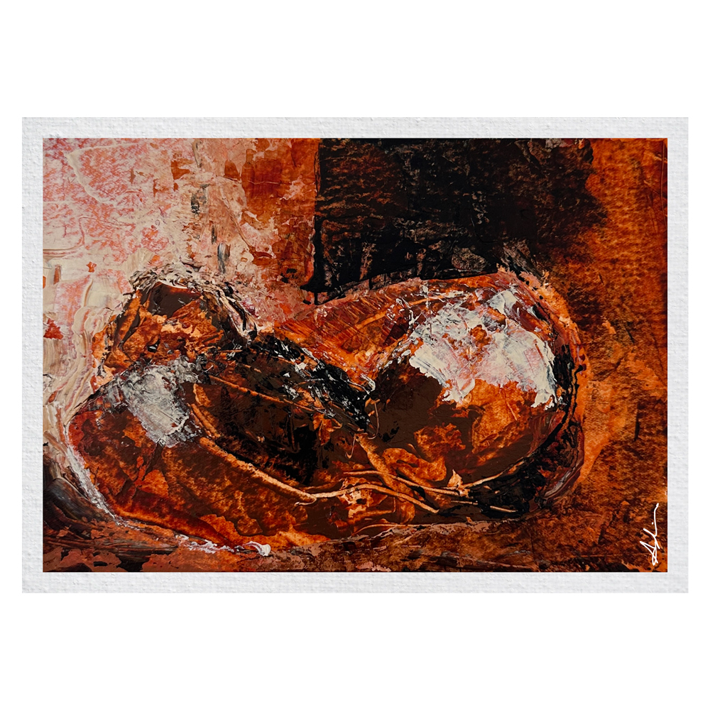 Figurative work of a reclining figure rendered in deep burnt orange, brown, and black with white highlights and rich textural layering throughout, by fine artist Joanna Aplin