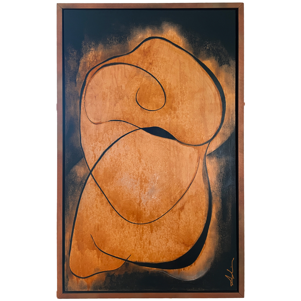 Figurative work depicting a mother and child as flowing, intertwined forms in warm golden-brown tones with expressive contour lines against a dark background, displayed in a wooden float frame, by Joanna Aplin, Canadian fine artist.