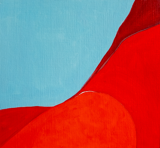 Oil on paper abstract figurative painting of bold red and orange curved forms against a light blue background, by fine artist Joanna Aplin, Owen Sound Ontario.