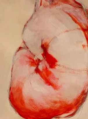 Acrylic and graphite on paper figurative painting of a seated figure in vivid reds and pinks with gestural mark-making on a warm neutral ground, by Canadian figurative artist Joanna Aplin.