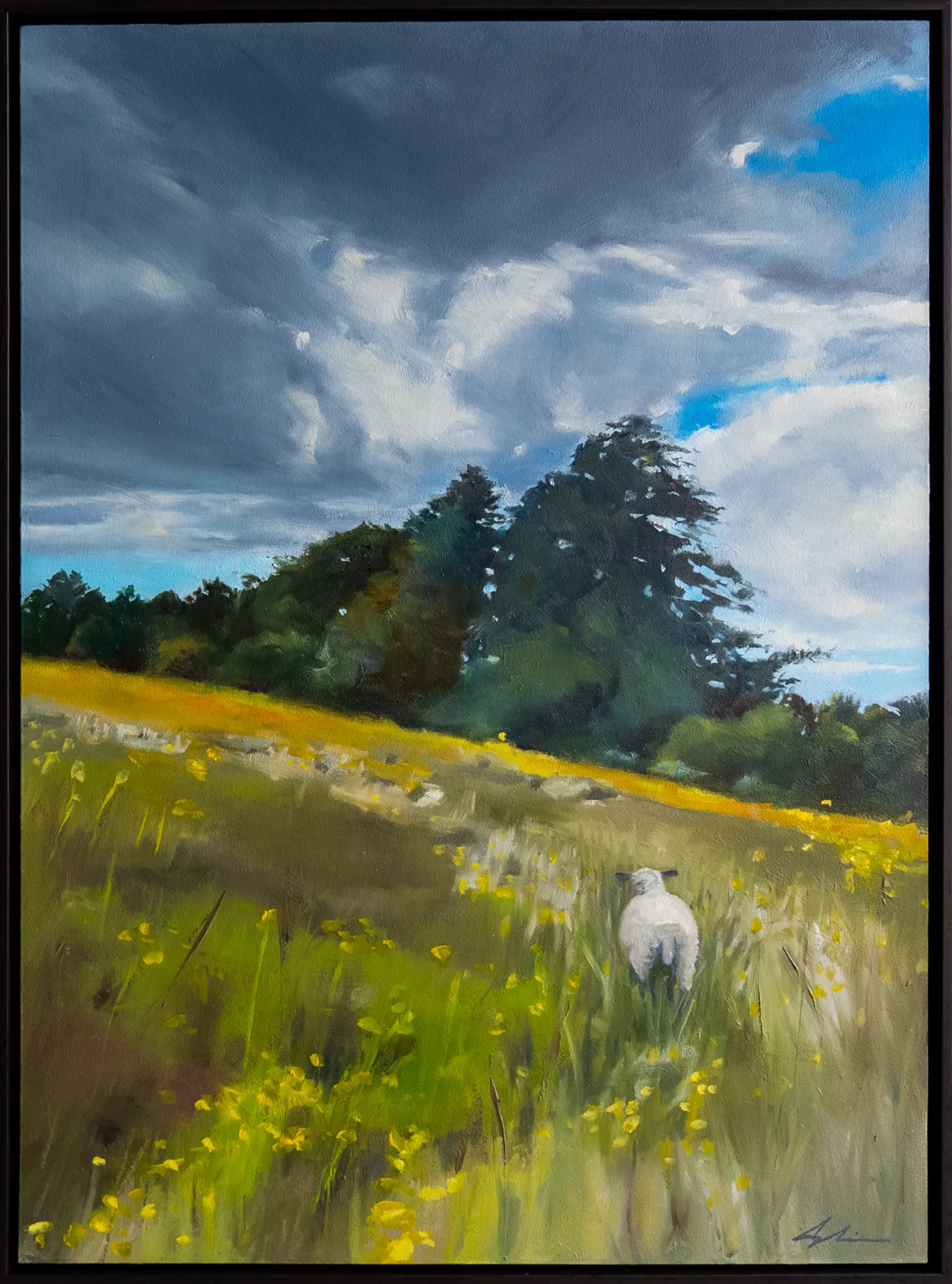 Oil on panel landscape painting of a solitary sheep walking through a wildflower meadow of yellows and greens beneath dramatic storm clouds, by Canadian artist Joanna Aplin.