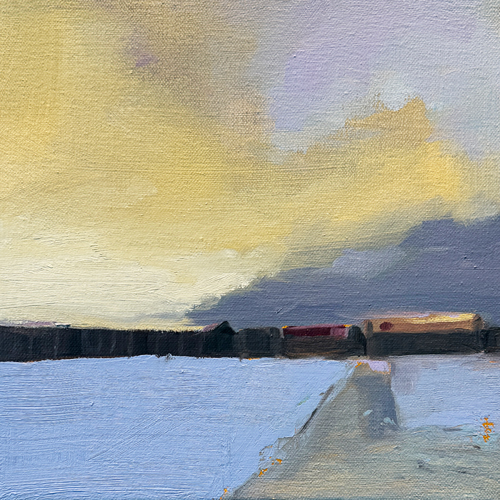 Landscape painting of a winter sunset with golden clouds over a snow-covered field and a distant farm building along a country road, by Canadian landscape artist Joanna Aplin.