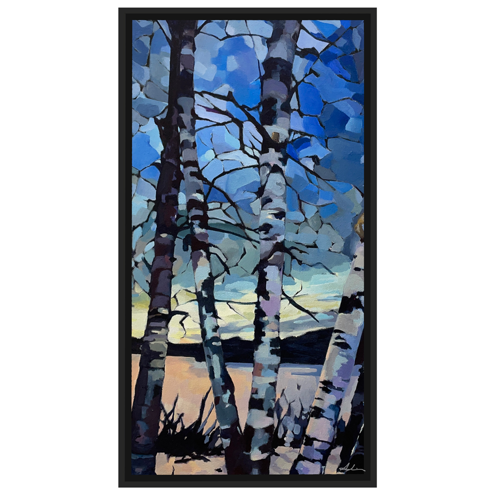 Tall landscape painting of birch trees with white trunks and bare branches set against a mosaic of blue sky patches, with a warm golden horizon below, by Joanna Aplin, Canadian landscape artist