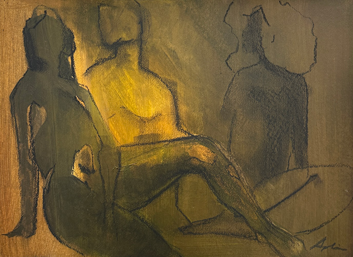 Figurative work depicting three seated figures emerging from a dark olive and golden-toned ground with expressive charcoal outlines and warm highlights, by Joanna Aplin, Canadian figurative artist