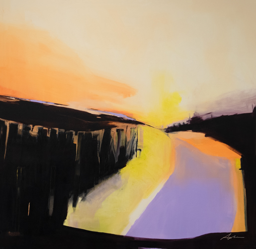 Oil on canvas landscape painting of a dramatic sunset with glowing yellows, oranges, and lavender reflected along a path cutting through a dark silhouetted fence line, by Georgian Bay artist Joanna Aplin.