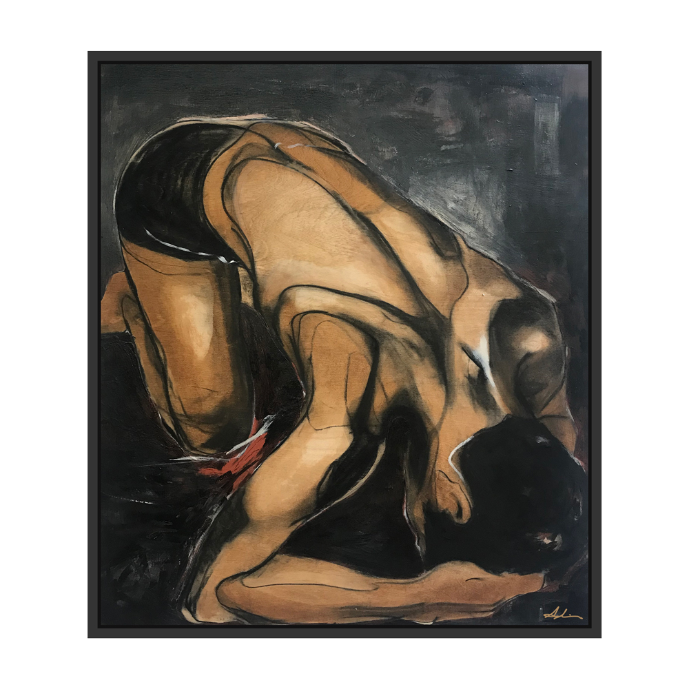 Mixed media on birch panel — expressive figurative work of a figure arching forward in warm ochre and raw sienna tones with bold dark contour lines and a touch of red, against a deep dark background, displayed in a float frame, by fine artist Joanna Aplin.