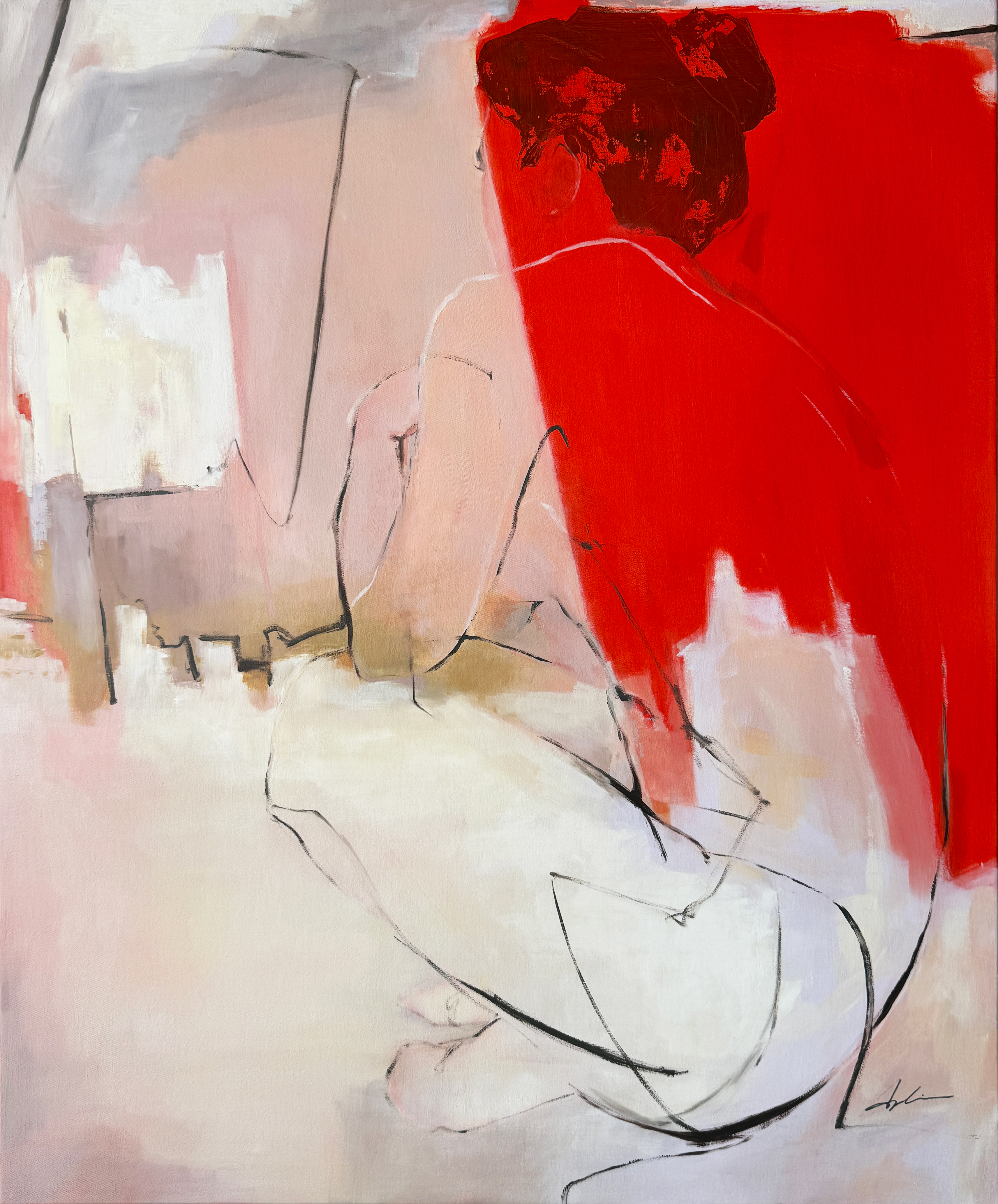 Seated nude figure viewed from behind is loosely outlined in black against a broad, vivid red field and pale pink interior.