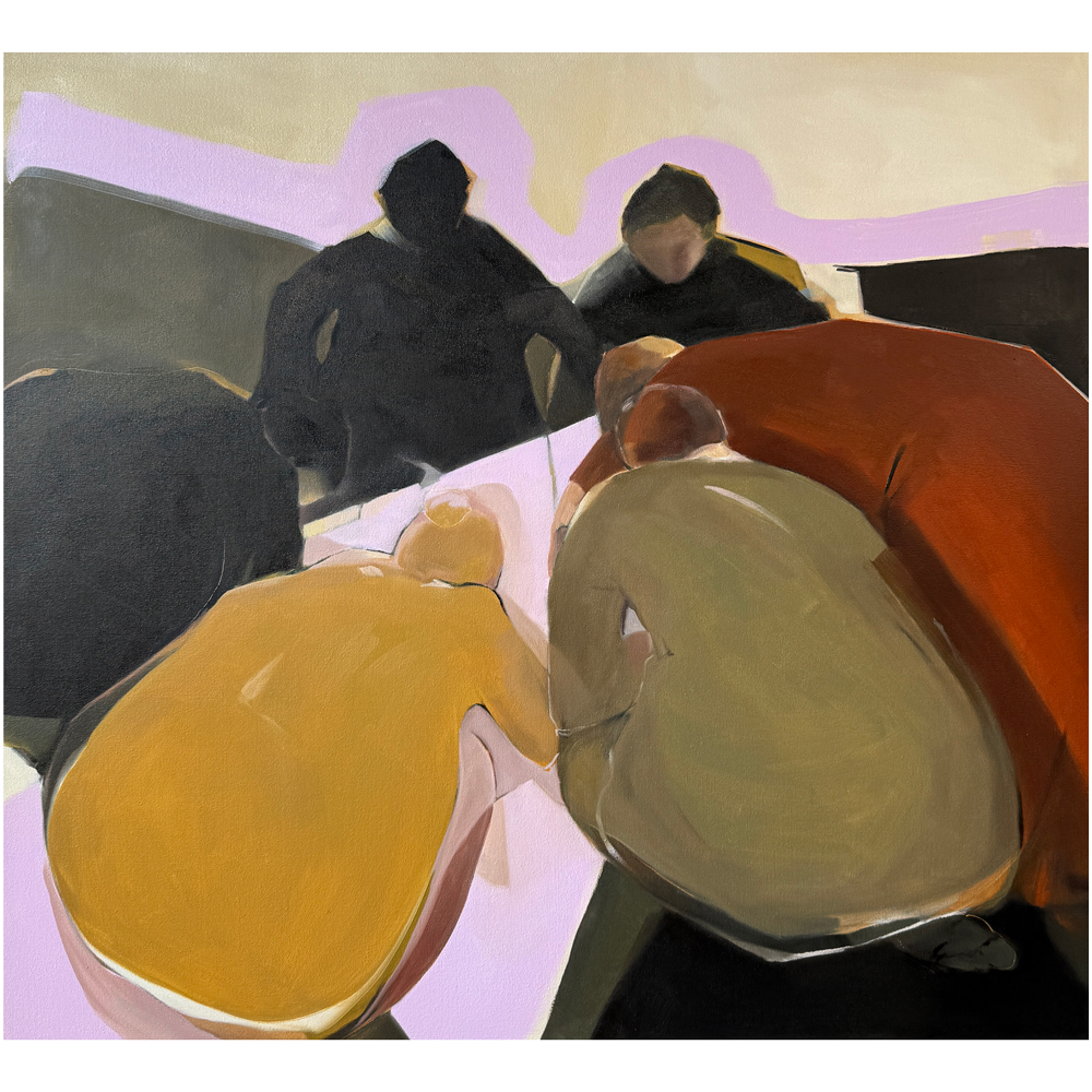 Oil on canvas figurative painting of a group of figures seen from above, gathered closely together in warm ochres, burnt orange, olive, and dark tones with a soft lavender background, by Georgian Bay artist Joanna Aplin.