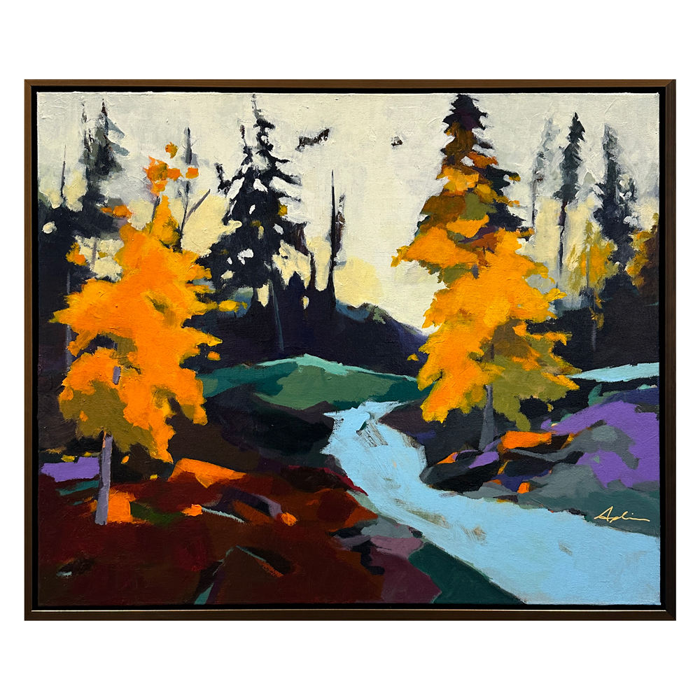 Landscape painting of vibrant orange autumn trees flanking a pale stream winding through a dark forest with touches of teal, red, and purple, by Joanna Aplin, Owen Sound Ontario artist