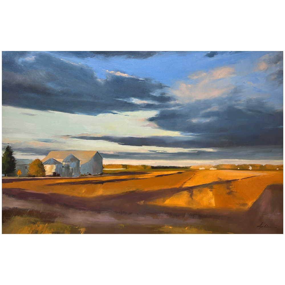 Landscape painting of golden harvest fields stretching toward farm buildings and grain silos under a dramatic sky of dark clouds and warm light, by Owen Sound Ontario artist Joanna Aplin