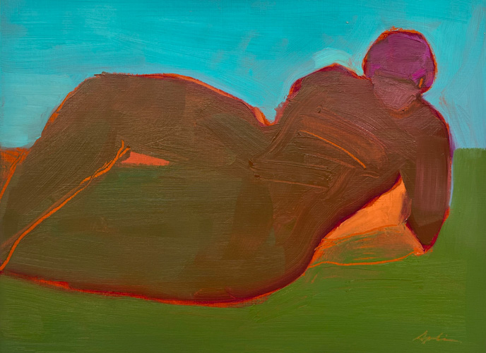 Figurative work of a reclining figure in deep brown and warm red tones against a turquoise sky and green ground, shown framed in gold with white matting, by figurative artist Joanna Aplin