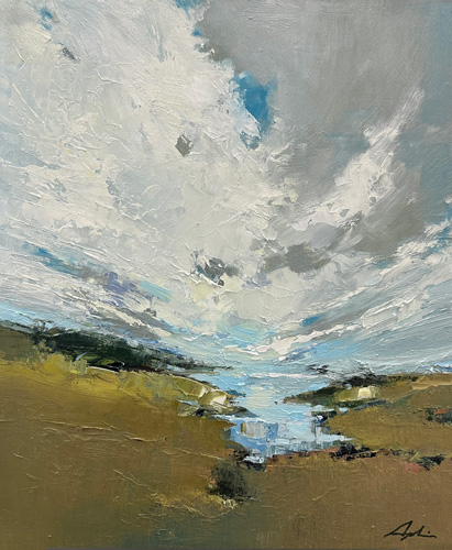 Oil on panel — a landscape of towering white and grey clouds billowing above green-gold fields with a stream winding toward the horizon, shown in a white float frame, by Joanna Aplin, Georgian Bay artist