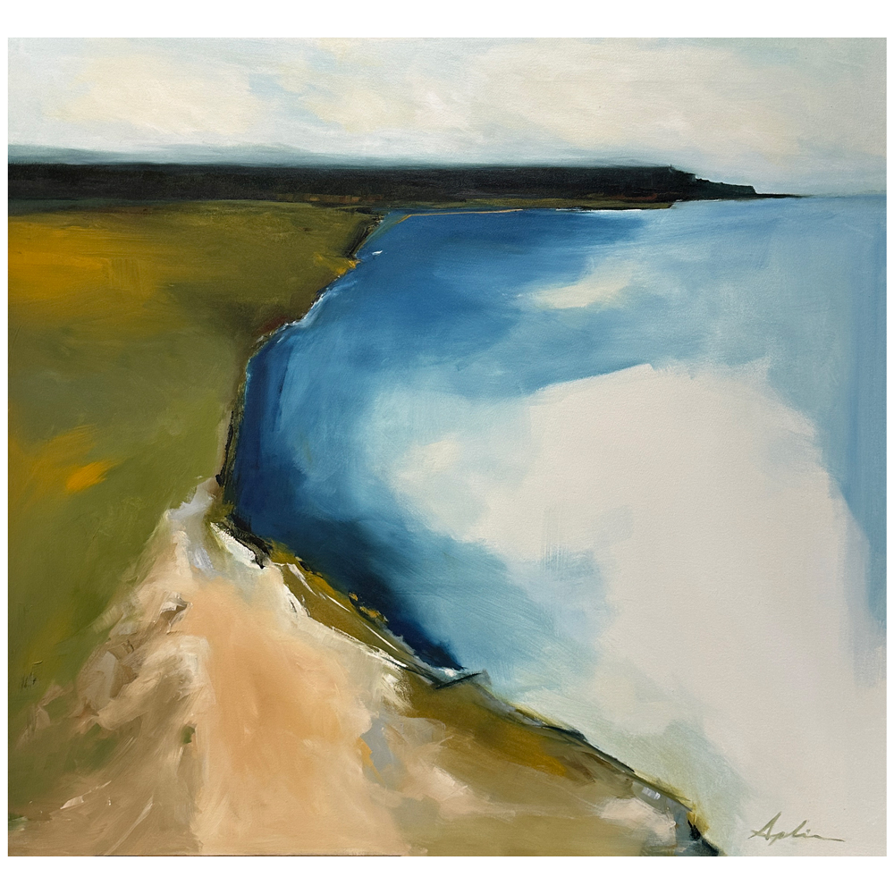 Landscape painting of a sweeping sandy shoreline curving into calm blue water with green headland and a distant dark horizon under a pale sky, by Joanna Aplin, Canadian artist