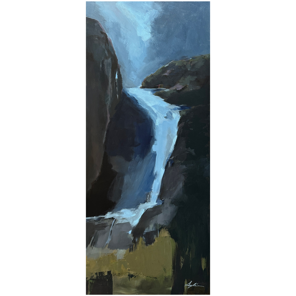 Tall landscape painting of a waterfall cascading between dark rocky cliffs in cool blues and greys with olive-gold tones at the base, by Joanna Aplin, Canadian landscape artist