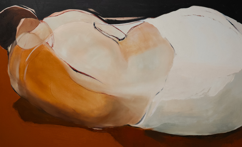 Oil on canvas figurative painting of a reclining figure in soft whites, warm ochres, and subtle pinks against a dark background with a rich sienna ground, by Canadian fine artist Joanna Aplin.