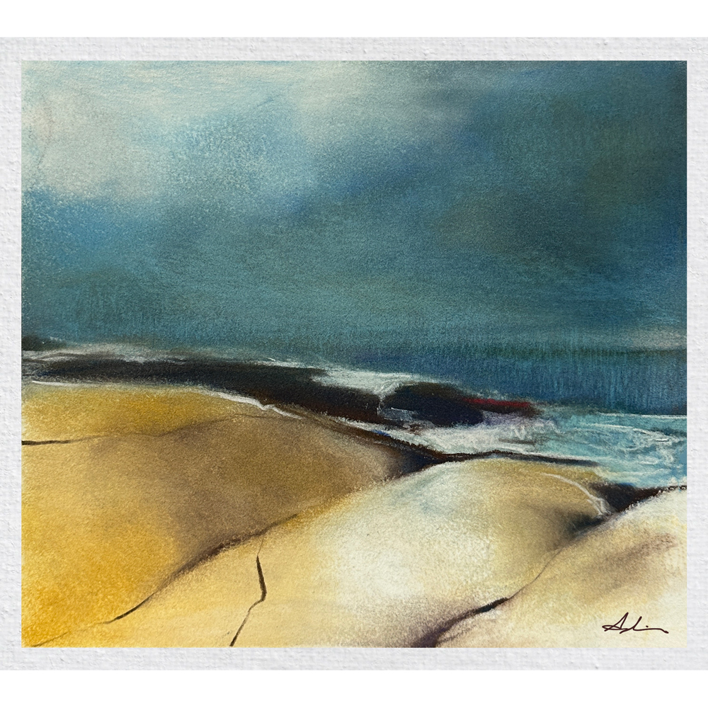 Landscape drawing of smooth coastal rocks in warm gold and cream tones leading to a dark shoreline and moody teal sea under an overcast sky, by Joanna Aplin, Canadian artist