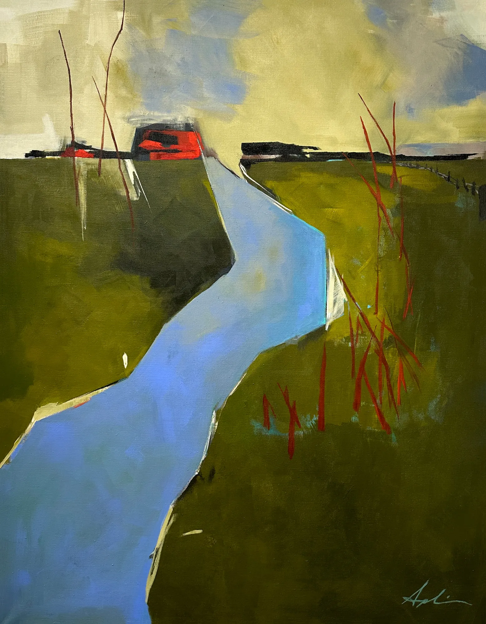 Landscape painting of a blue stream winding through deep green fields toward a red building on the horizon, with tall red branches rising from the grass under a golden sky, by Canadian landscape artist Joanna Aplin