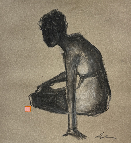Charcoal drawing of a crouching figure on toned paper, rendered in dark expressive strokes with a small orange accent in the lower left, by Joanna Aplin, Canadian figurative artist