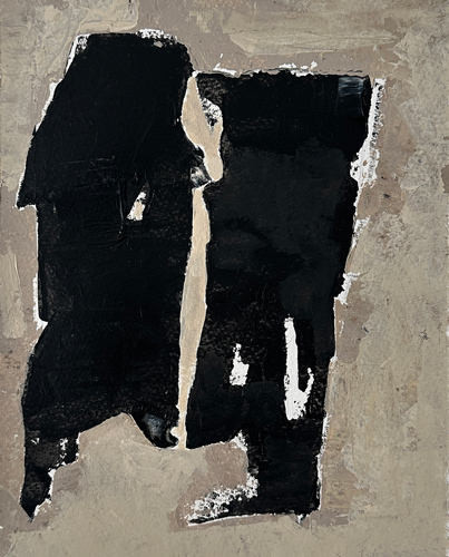 Abstract figurative work of two bold black forms on a raw taupe ground with white accents, evoking standing figures through strong gestural mark-making, by Joanna Aplin, Toronto artist