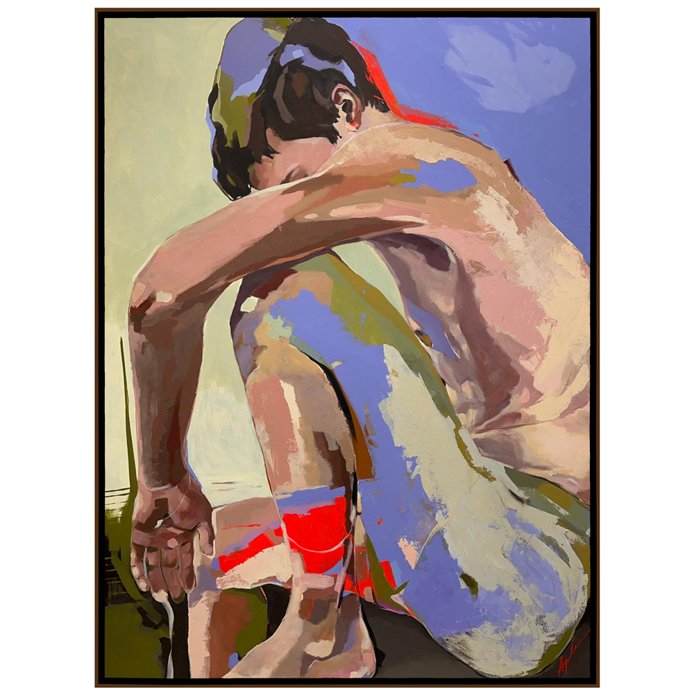 Figurative painting of a male figure seen from behind in a twisting pose, rendered in bold colour blocks of lavender, pink, olive, and red against a blue and green background, by Joanna Aplin, Canadian figurative artist.