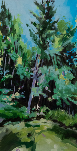 Landscape painting of dense mixed forest in vivid greens with dappled light and a birch trunk visible among the foliage, by Owen Sound artist Joanna Aplin.
