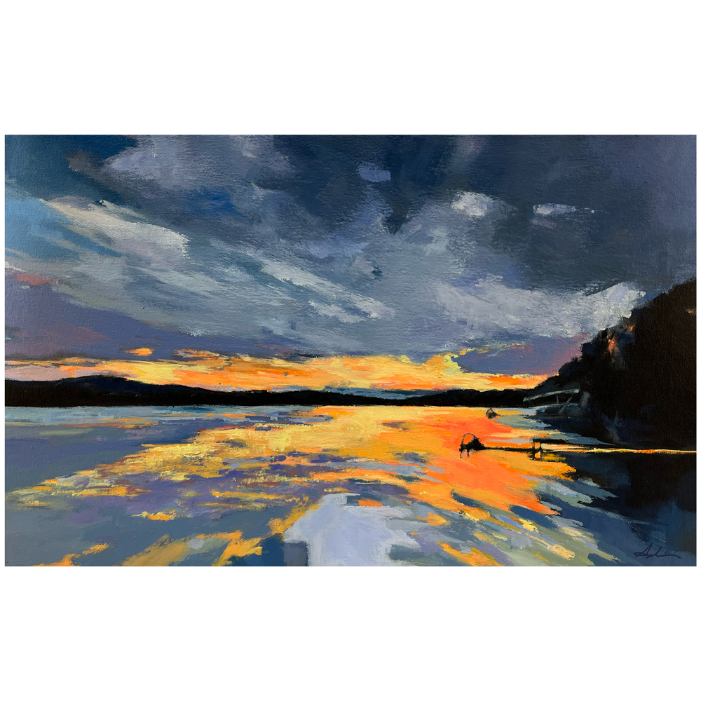Orange sunset light reflects across a broad lake beneath blue-grey storm clouds, with a dark wooded shore and two small figures.