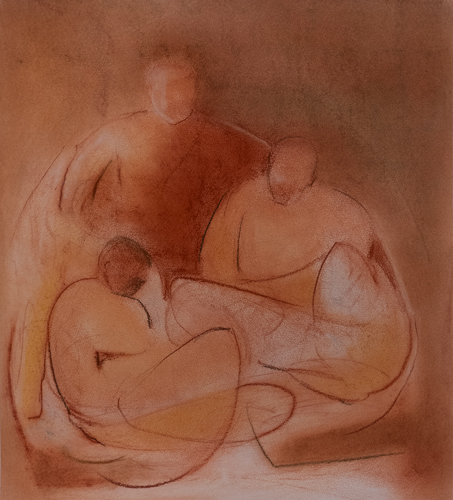Figurative work depicting three gathered figures in warm earthy reds and siennas with soft blended forms, by Georgian Bay artist Joanna Aplin.