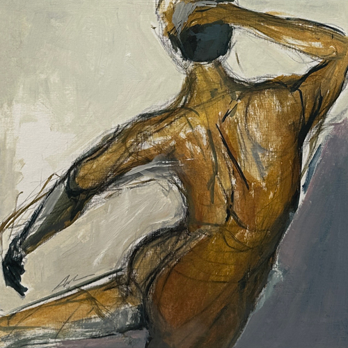 Mixed media on paper — a dynamic figure seen from behind with one arm raised, rendered in warm ochre and golden brown with expressive charcoal lines against a neutral ground, by Canadian figurative artist Joanna Aplin