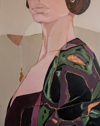 Cropped portrait of a woman in a deep purple dress and dark green patterned shawl, traced with delicate gold lines.