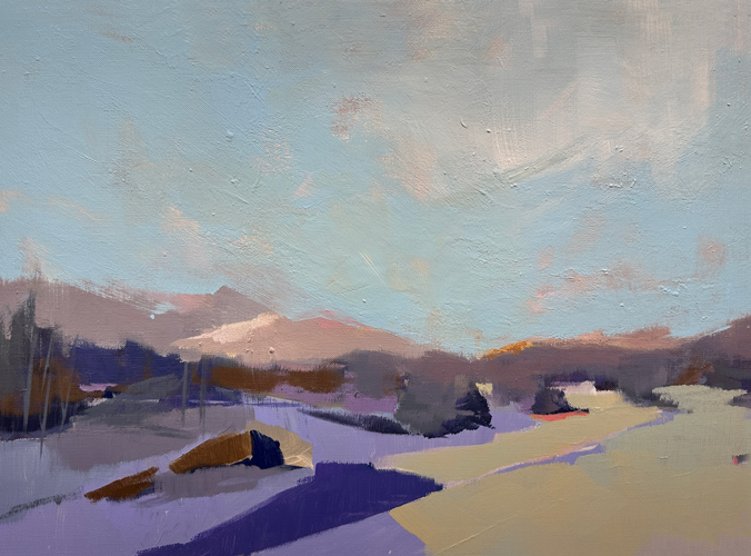 Landscape painting of a winding path through a snowy lavender and mauve winter scene with distant pink-tinted hills under a pale blue sky, by Joanna Aplin, Owen Sound Ontario artist